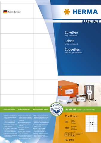 HERMA Etikett, Inkjet/Laser/Kopierer, selbstklebend, 70 x 32 mm, weiß (2.700 Stück), Sie erhalten 1 Packung á 2700 Stück von HERMA