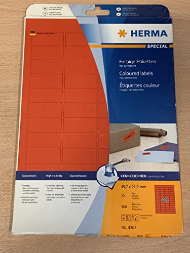 HERMA Etikett, Inkjet/Laser/Kopierer, selbstklebend, abgerundete Ecken, 45,7 x 21,2 mm, rot (960 Stück), Sie erhalten 1 Packung á 960 Stück von HERMA