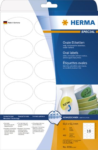 HERMA Etikett, Inkjet/Laser/Kopierer, selbstklebend, ablösbar, oval, 63,5 x 42,3 mm, weiÃ (450 Stück), Sie erhalten 1 Packung á 450 Stück von HERMA