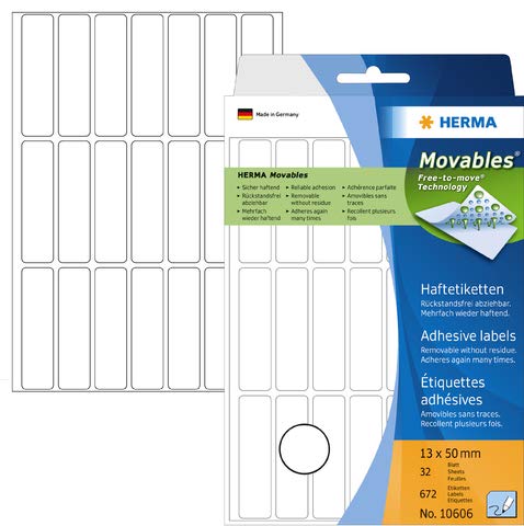 HERMA Etikett Movables®, Handbeschriftung, auf A4-Bogen, selbstklebend, ablösbar, Spezialpapier, 13 x 50 mm, weiß (672 Stück), Sie erhalten 1 Packung á 672 Stück von HERMA