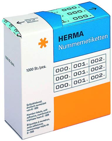 HERMA Nummernetikett, 3fach, 000. - 999, selbstklebend, Papier, 22 x 10 mm, blau, Druckfarbe: schwarz (1.000 Stück), Sie erhalten 1 Packung á 1000 Stück von HERMA