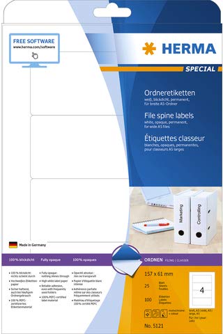 HERMA Rückenschild, selbstklebend, breit/kurz, 61 x 157 mm, weiß (100 Stück), Sie erhalten 1 Packung á 100 Stück von HERMA