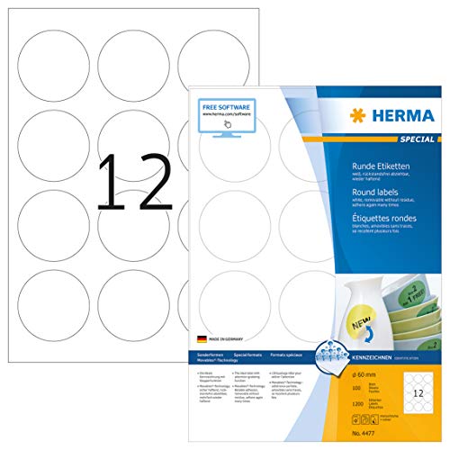 HERMA Universal-Etiketten SPECIAL, Durchmesser 60 mm, weiß, Sie erhalten 1 Stück á 100 Blatt von HERMA