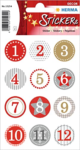 HERMA 15254 Aufkleber Zahlen 1-24 Glitzer rund, 24 Stück, Ø 2 cm, Weihnachten Sticker mit Sterne Schneeflocken Motiv, Nummer Ziffer Klebezahlen Etiketten für Weihnachtsdeko Adventskalender DIY Basteln von HERMA