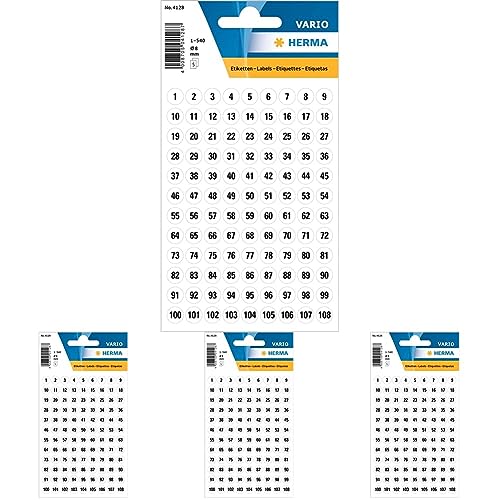 HERMA Zahlen-Sticker 1-540, Durchmesser: 8 mm, weiá (Packung mit 4) von HERMA