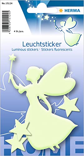 HERMA 15124 Leuchtsterne Kinderzimmer, 4 Stück, selbstklebend, leuchtende Fee Elfe Prinzessin Aufkleber Wandsticker, Leuchtsticker aus Plastik zur Sternenhimmel Dekoration für Kinder Mädchen Jungen von HERMA