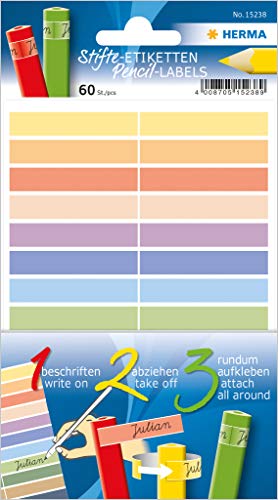 HERMA 15238 Stifte-Etiketten für Kinder, 60 Stück, 10 x 46 mm, selbstklebend, Namensaufkleber für Stifte Schule Kindergarten Lineale Federmäppchen, Schulaufkleber für Kinder Mädchen Jungen, bunt von HERMA