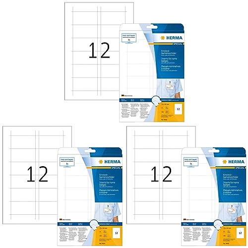 Namensschilder für Kleidung perforiert, 25 Blatt, 75 x 40 mm, 12 Stück pro A4 Bogen, 300 Aufkleber, selbstklebend, bedruckbar, nicht klebende Einsteckkarten aus Karton, weiß (Packung mit 3) von HERMA