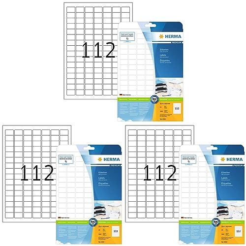 Universal Etiketten, 25 Blatt, 25,4 x 16,9 mm, 112 Stück pro A4 Bogen, 2800 Aufkleber, selbstklebend, bedruckbar, matt, blanko Klebeetiketten aus Papier, weiß (Packung mit 3) von HERMA