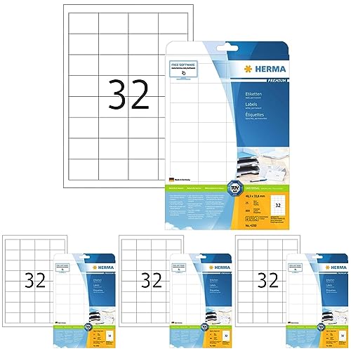 Universal Etiketten, 25 Blatt, 48,3 x 33,8 mm, 32 Stück pro A4 Bogen, 800 Aufkleber, selbstklebend, bedruckbar, matt, blanko Klebeetiketten aus Papier, weiß (Packung mit 4) von HERMA