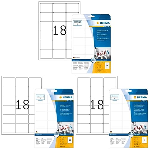 Universal Etiketten ablösbar, 25 Blatt, 63,5 x 46,6 mm, 18 Stück pro A4 Bogen, 450 Aufkleber, selbstklebend, bedruckbar, matt, blanko Klebeetiketten aus Papier, weiß (Packung mit 3) von HERMA