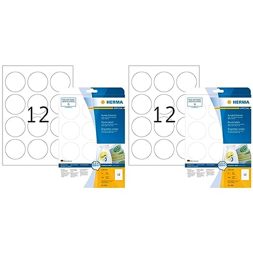 Universal Etiketten ablösbar rund, 25 Blatt, Ø 60 mm, 12 Stück pro A4 Bogen, 300 Aufkleber, selbstklebend, bedruckbar, matt, blanko Klebeetiketten aus Papier, weiß (Packung mit 2) von HERMA