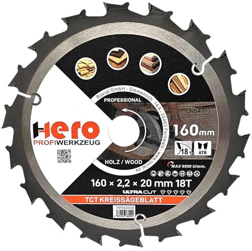 HERO Kreissägeblatt 160 x 20/16 mm 18 Zähne Hartmetall Sägeblatt TCT Ersatzsägeblatt für Holzbearbeitung Weich & Hartholz, Nichteisenmetalle Universal Handsäge, Gehrungssäge, Tischkreissäge, Kappsäge von HERO PROFIWERKZEUG