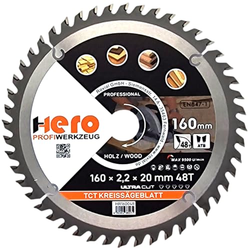 HERO Kreissägeblatt 160 x 20/16 mm 48 Zähne Hartmetall Sägeblatt TCT Ersatzsägeblatt für Holzbearbeitung Weich & Hartholz, Nichteisenmetalle Universal Handsäge, Gehrungssäge, Tischkreissäge, Kappsäge von HERO PROFIWERKZEUG