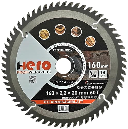 HERO Kreissägeblatt 160 x 20/16 mm 60 Zähne Hartmetall Sägeblatt TCT Ersatzsägeblatt für Holzbearbeitung Weich & Hartholz, Nichteisenmetalle Universal Handsäge, Gehrungssäge, Tischkreissäge, Kappsäge von HERO PROFIWERKZEUG