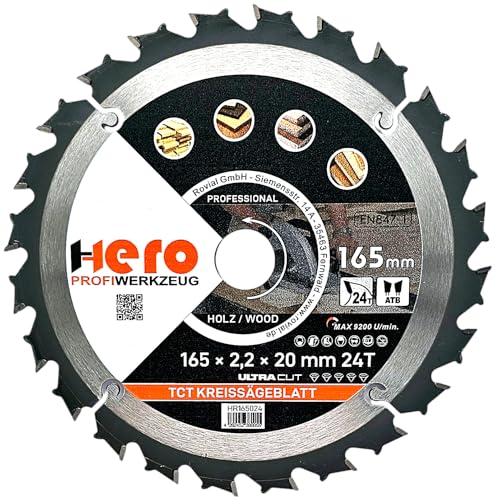 HERO Kreissägeblatt 165 x 20/16 mm 24 Zähne Hartmetall Sägeblatt TCT Ersatzsägeblatt für Holzbearbeitung Weich & Hartholz, Nichteisenmetalle Universal Handsäge, Gehrungssäge, Tischkreissäge, Kappsäge von HERO PROFIWERKZEUG