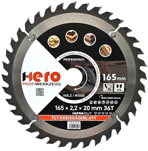 HERO Kreissägeblatt 165 x 20/16 mm 36 Zähne Hartmetall Sägeblatt TCT Ersatzsägeblatt für Holzbearbeitung Weich & Hartholz, Nichteisenmetalle Universal Handsäge, Gehrungssäge, Tischkreissäge, Kappsäge von HERO PROFIWERKZEUG