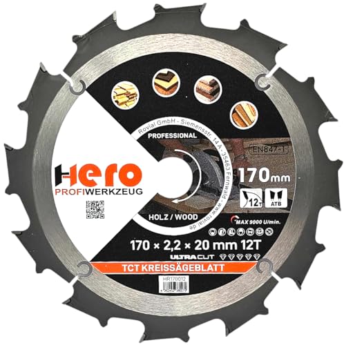 HERO Kreissägeblatt 170 x 20/16 mm 12 Zähne Hartmetall Sägeblatt TCT Ersatzsägeblatt für Holzbearbeitung Weich & Hartholz, Nichteisenmetalle Universal Handsäge, Gehrungssäge, Tischkreissäge, Kappsäge von HERO PROFIWERKZEUG