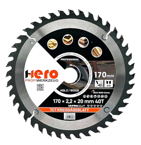 HERO Kreissägeblatt 170 x 20/16 mm 40 Zähne Hartmetall Sägeblatt TCT Ersatzsägeblatt für Holzbearbeitung Weich & Hartholz, Nichteisenmetalle Universal Handsäge, Gehrungssäge, Tischkreissäge, Kappsäge von HERO PROFIWERKZEUG