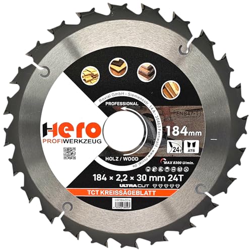 HERO Kreissägeblatt 184 x 30/20 mm 24 Zähne Hartmetall Sägeblatt TCT Ersatzsägeblatt für Holzbearbeitung Weich & Hartholz, Nichteisenmetalle Universal Handsäge, Gehrungssäge, Tischkreissäge, Kappsäge von HERO PROFIWERKZEUG