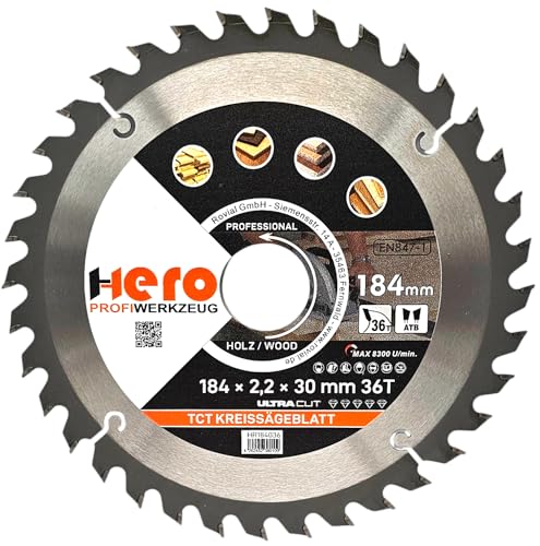 HERO Kreissägeblatt 184 x 30/20 mm 36 Zähne Hartmetall Sägeblatt TCT Ersatzsägeblatt für Holzbearbeitung Weich & Hartholz, Nichteisenmetalle Universal Handsäge, Gehrungssäge, Tischkreissäge, Kappsäge von HERO PROFIWERKZEUG