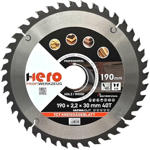 HERO Kreissägeblatt 190 x 30/20 mm 40 Zähne Hartmetall Sägeblatt TCT Ersatzsägeblatt für Holzbearbeitung Weich & Hartholz, Nichteisenmetalle Universal Handsäge, Gehrungssäge, Tischkreissäge, Kappsäge von HERO PROFIWERKZEUG