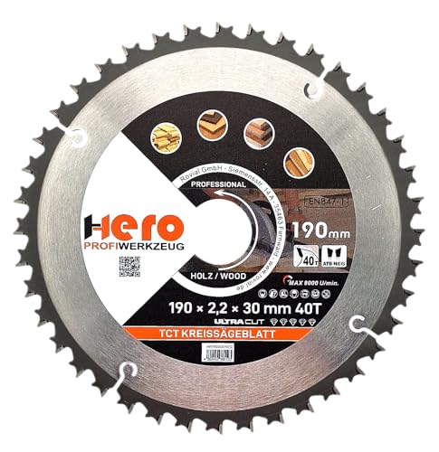 HERO Kreissägeblatt 190 x 30/20 mm 40 Zähne Hartmetall Sägeblatt TCT Ersatzsägeblatt für Holzbearbeitung Weich & Hartholz, Nichteisenmetalle Universal Handsäge, Gehrungssäge, Tischkreissäge, Kappsäge von HERO PROFIWERKZEUG