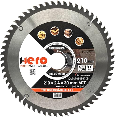 HERO Kreissägeblatt 210 x 30/20 mm 60 Zähne Hartmetall Sägeblatt TCT Ersatzsägeblatt für Holzbearbeitung Weich & Hartholz, Nichteisenmetalle Universal Handsäge, Gehrungssäge, Tischkreissäge, Kappsäge von HERO PROFIWERKZEUG