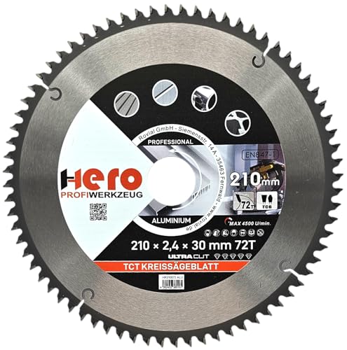 HERO Kreissägeblatt 210 x 30/20 mm 72 Zähne Hartmetall Sägeblatt TCT Ersatzsägeblatt für Alumiunium, PVC, Hartholz, Nichteisenmetalle Universal Handsäge, Gehrungssäge, Tischkreissäge, Kappsäge von HERO PROFIWERKZEUG