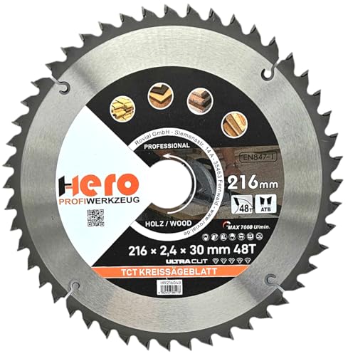 HERO Kreissägeblatt 216 x 30/20 mm 48 Zähne Hartmetall Sägeblatt TCT Ersatzsägeblatt für Holzbearbeitung Weich & Hartholz, Nichteisenmetalle Universal Handsäge, Gehrungssäge, Tischkreissäge, Kappsäge von HERO PROFIWERKZEUG