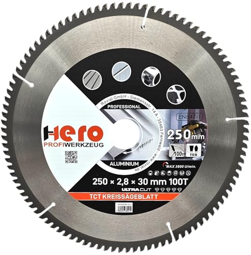 HERO Kreissägeblatt 250 x 30/20 mm 100 Zähne Hartmetall Sägeblatt TCT Ersatzsägeblatt für Aluminium, PVC, Hartholz, Nichteisenmetalle Universal Handsäge, Gehrungssäge, Tischkreissäge, Kappsäge von HERO PROFIWERKZEUG