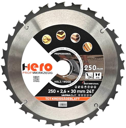 HERO Kreissägeblatt 250 x 30/20 mm 24 Zähne Hartmetall Sägeblatt TCT Ersatzsägeblatt für Holzbearbeitung Weich & Hartholz, Nichteisenmetalle Universal Handsäge, Gehrungssäge, Tischkreissäge, Kappsäge von HERO PROFIWERKZEUG