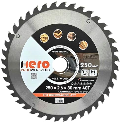 HERO Kreissägeblatt 250 x 30/20 mm 40 Zähne Hartmetall Sägeblatt TCT Ersatzsägeblatt für Holzbearbeitung Weich & Hartholz, Nichteisenmetalle Universal Handsäge, Gehrungssäge, Tischkreissäge, Kappsäge von HERO PROFIWERKZEUG