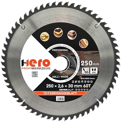 HERO Kreissägeblatt 250 x 30/20 mm 60 Zähne Hartmetall Sägeblatt TCT Ersatzsägeblatt für Holzbearbeitung Weich & Hartholz, Nichteisenmetalle Universal Handsäge, Gehrungssäge, Tischkreissäge, Kappsäge von HERO PROFIWERKZEUG