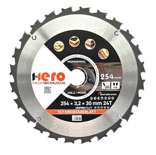 HERO Kreissägeblatt 254 x 30/20 mm 24 Zähne Hartmetall Sägeblatt TCT Ersatzsägeblatt für Holzbearbeitung Weich & Hartholz, Nichteisenmetalle Universal Handsäge, Gehrungssäge, Tischkreissäge, Kappsäge von HERO PROFIWERKZEUG