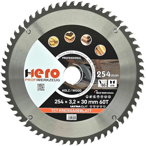 HERO Kreissägeblatt 254 x 30/20 mm 60 Zähne Hartmetall Sägeblatt TCT Ersatzsägeblatt für Holzbearbeitung Weich & Hartholz, Nichteisenmetalle Universal Handsäge, Gehrungssäge, Tischkreissäge, Kappsäge von HERO PROFIWERKZEUG