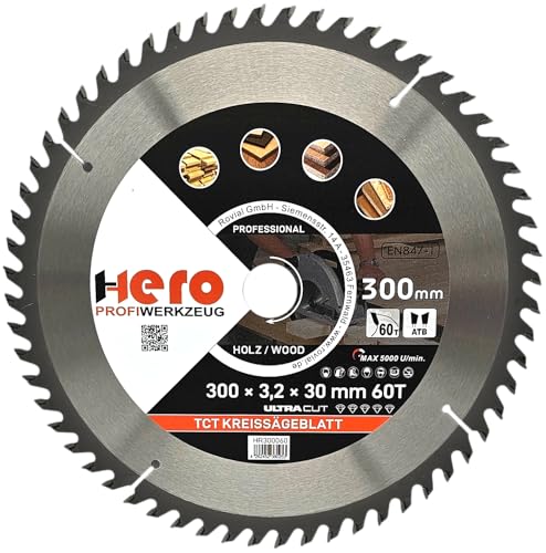 HERO Kreissägeblatt 300 x 30/20 mm 60 Zähne Hartmetall Sägeblatt TCT Ersatzsägeblatt für Holzbearbeitung Weich & Hartholz, Nichteisenmetalle Universal Handsäge, Gehrungssäge, Tischkreissäge, Kappsäge von HERO PROFIWERKZEUG