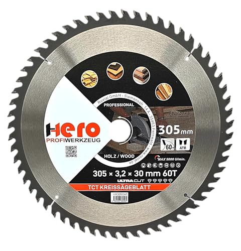 HERO Kreissägeblatt 305 x 30/20 mm 60 Zähne Hartmetall Sägeblatt TCT Ersatzsägeblatt für Holzbearbeitung Weich & Hartholz, Nichteisenmetalle Universal Handsäge, Gehrungssäge, Tischkreissäge, Kappsäge von HERO PROFIWERKZEUG