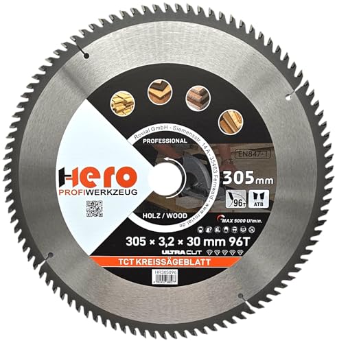 HERO Kreissägeblatt 305 x 30/20 mm 96 Zähne Hartmetall Sägeblatt TCT Ersatzsägeblatt für Holzbearbeitung Weich & Hartholz, Nichteisenmetalle Universal Handsäge, Gehrungssäge, Tischkreissäge, Kappsäge von HERO PROFIWERKZEUG