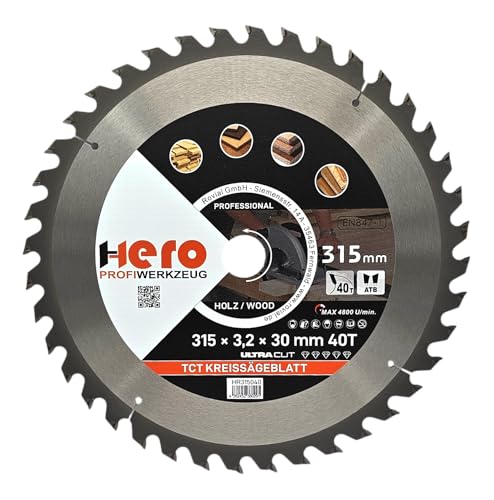 HERO Kreissägeblatt 315 x 30/20 mm 40 Zähne Hartmetall Sägeblatt TCT Ersatzsägeblatt für Holzbearbeitung Weich & Hartholz, Nichteisenmetalle Universal Handsäge, Gehrungssäge, Tischkreissäge, Kappsäge von HERO PROFIWERKZEUG