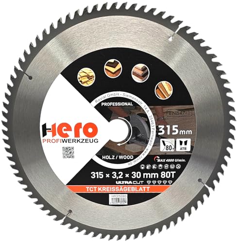 HERO Kreissägeblatt 315 x 30/20 mm 80 Zähne Hartmetall Sägeblatt TCT Ersatzsägeblatt für Holzbearbeitung Weich & Hartholz, Nichteisenmetalle Universal Handsäge, Gehrungssäge, Tischkreissäge, Kappsäge von HERO PROFIWERKZEUG