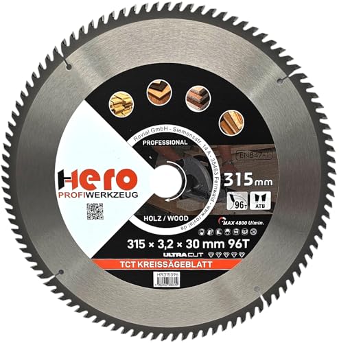 HERO Kreissägeblatt 315 x 30/20 mm 96 Zähne Hartmetall Sägeblatt TCT Ersatzsägeblatt für Holzbearbeitung Weich & Hartholz, Nichteisenmetalle Universal Handsäge, Gehrungssäge, Tischkreissäge, Kappsäge von HERO PROFIWERKZEUG