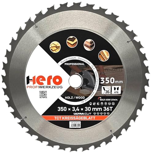 HERO Kreissägeblatt 350 x 30/20 mm 36 Zähne Hartmetall Sägeblatt TCT Ersatzsägeblatt für Holzbearbeitung Weich & Hartholz, Nichteisenmetalle Universal Handsäge, Gehrungssäge, Tischkreissäge, Kappsäge von HERO PROFIWERKZEUG