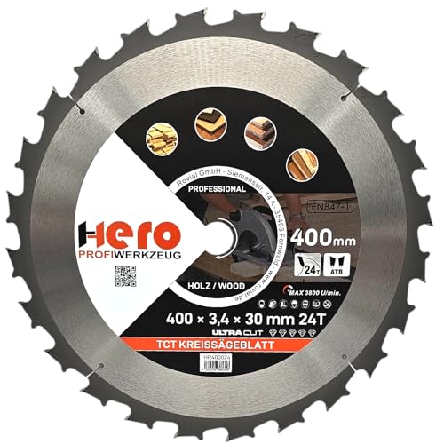 HERO Kreissägeblatt 400 x 30/20 mm 24 Zähne Hartmetall Sägeblatt TCT Ersatzsägeblatt für Holzbearbeitung Weich & Hartholz, Nichteisenmetalle Universal Handsäge, Gehrungssäge, Tischkreissäge, Kappsäge von HERO PROFIWERKZEUG