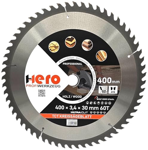 HERO Kreissägeblatt 400 x 30/20 mm 60 Zähne Hartmetall Sägeblatt TCT Ersatzsägeblatt für Holzbearbeitung Weich & Hartholz, Nichteisenmetalle Universal Handsäge, Gehrungssäge, Tischkreissäge, Kappsäge von HERO PROFIWERKZEUG