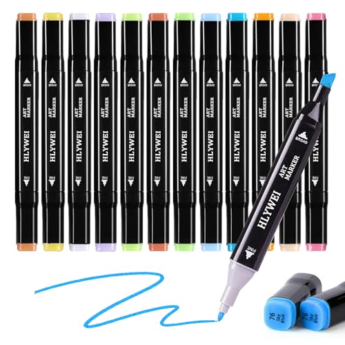 HERUAI Alkohol Marker Set - 12 Farben Kunst Marker mit APP für Coloring, Dual Tip Künstler Zeichnung Marker Stifte Meißel & Bullet für Kinder Erwachsene Graffiti Anime Illustration Malerei Doodling von HERUAI