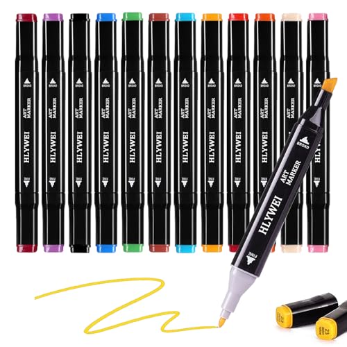 HERUAI Alkohol Marker Set - 12 Farben Kunst Marker mit APP für Coloring, Dual Tip Künstler Zeichnung Marker Stifte Meißel & Bullet für Kinder Erwachsene Graffiti Anime Illustration Malerei Doodling von HERUAI