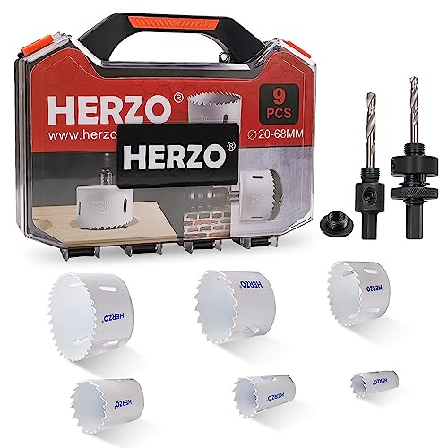 HERZO Lochsäge Bimetall Set, Premium 9-teiliges Carbide Lochsägen-Set für den anspruchsvollen Einsatz （Ø 20-68 mm）, für Stahl, Holz, PVC-Platte und Kunststoffplatte von HERZO