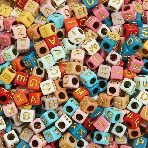 HERZONE 1000pcs buchstabenperlen zum Auffädeln gold Acryl Alphabet Perlen Mix A-Z Perlen für die Schmuckherstellung DIY Halskette Armband Schlüsselbund (bunt gold /6x6mm) von HERZONE