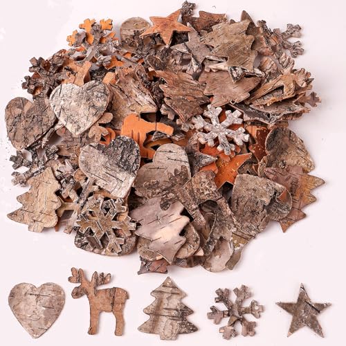 HERZONE 100pcs holz Streudeko Weihnachten aus Birkenholz Deko Winter Holz Deko Schneeflocken, Rentier, Sterne&Weihnachtsbaum - Weihnachtsschmuck, Scrap Booking von HERZONE